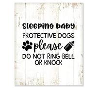 Rustic Wood Sign Sleeping Baby Protective Dogs Please Do Not Ring Bell Or Knock Hanging Wooden Plaque Farmhouse Wall Art Decor, Funny Quotes Sign Housewarming Gift 10x12in