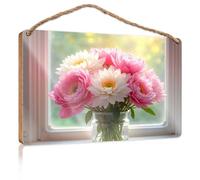 Rustic Wood Sign Sunlit Bouquet of Pink and White Flowers Wooden Sign Funny Bathroom Art Wood Pantry Signs for Kitchen(15X28CM)