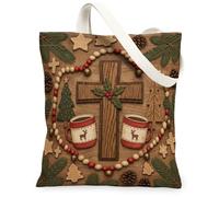 Rustic Wooden Cross Holiday Theme Christmas Canvas Tote Bag 13x15 Inch | Rustic Wood Texture, Holly Berry Accents, Reindeer Mug Motifs, Seasonal Pine Garland, Cozy Farmhouse Atmosphere