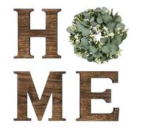 Rustic Wooden Family Wall Sign - Wood Home Sign For Wall Decor - Large Letters With Wreath, Farmhouse Walls Home Signs With Artificial Eucalyptus Wreath For Living Room, New House Decor