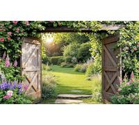 Rustic Wooden Gates Garden HD Garden Mural Tapestries Outdoor Curtain Banner Privacy Screen Wall Hanging 3D Tapestry Backdrop Display W300cm x H180cm, W118.11 inches x H70.87 Inches