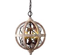 Rustic Wooden Globe Chandelier, Retro Metal Orb Light Fixture, 3/5 Lights, Candle Style Crystal Pendant for Kitchen Island, Living Room, Entryway Ceiling Decor