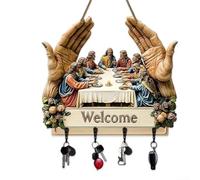 Rustic Wooden Key Organizer With Biblical Last Supper Scene And 4 Hooks - Spiritual Wall Decor For Living Area Foyer Or Office
