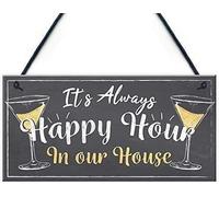 Rustic Wooden Signs Home Bar It's Always Happy Hour in Our House Funny Gin Prosecco Friendship Friend Sign Wall Art Decor Kitchen Cafe Pub Gift 6x12 INCH