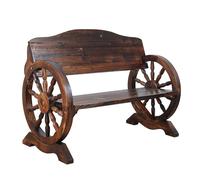 Rustic Wooden Trolley Wheel Bench - Stylish Outdoor Patio Seating with Slatted Backrest & Base for Garden, Backyard, Deck, Porch - Unique Decorative Furniture