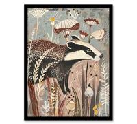 Rustic Woodland Badger Artwork Forest Wildflowers Framed Art Print Artery8 Brown A4