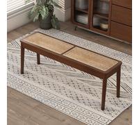 Rustic Woven Rattan Entryway Bench - Farmhouse Solid Wood Dining Bench for 2, Rectangular Design Ideal for Living Room, Bedroom, End of Bed, or Balcony