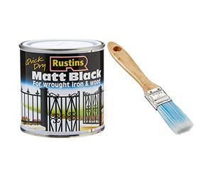 RUSTINS BLAM250 250ml Paint - Matt Black & Silverline 283001 Synthetic Paint Brush 25 mm / 1"