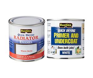 RUSTINS Quick Drying Radiator Enamel Satin 250ml & WHPU250 Primer Paint, White 250ml