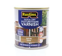 RustinsQuick Dry Poly Varnish Satin Oak 500ml -Tough, Water-Based Clear Finish in Gloss, Matt or Satin; Durable Protection for Interior Wood