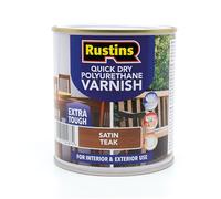 RustinsQuick Dry Poly Varnish Satin Teak 500ml -Tough, Water-Based Clear Finish in Gloss, Matt or Satin; Durable Protection for Interior Wood, Furniture and Floors