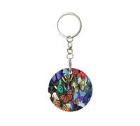 Rustproof Circular Metal Keychain Tag, Decorative Key Identifier Fob For Husband Wife Christmas Valentine Gift, Hand Drawn Color Butterfly Round Metal Keychain, Aluminum Key Ring Holder For Keys