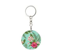 Rustproof Circular Metal Keychain Tag, Decorative Key Identifier Fob For Husband Wife Christmas Valentine Gift, Hawaiian Tropical Leaves Flowers Round Metal Keychain, Aluminum Key Ring Holder For Keys