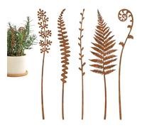 Rusty Flower Garden Stake - 5 Pieces Garden Stake Decor, Farmhouse Rustic Ferns Flowers Statue Vintage Weather-Resistant Lawn Ornament | Rustic Iron Fern Flower Arrangement for Park Potted Planter