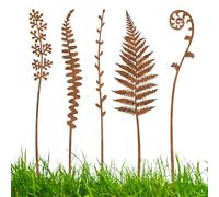 Rusty Iron Garden Decoration - 5 Fern Flower Inserts and Retro Style, Durable Metal Plant Stakes for Outdoor Rustic Yard Charm Ornament by Gia
