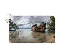 Rusty Shipwreck on The Coast Coin Purse Small Wallets with Zippered Key Ring Cute Wallet
