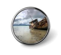 Rusty Shipwreck on The Coast Round Badge Pin Metal Memorial Brooch Button Lapel Pins for Backpack Wedding