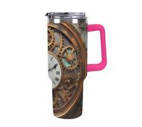 Rusty Steampunk Clock 40 Oz Tumbler with Handle And Flip Straw, Vacuum Insulated Stainless Steel Tumbler Cups, Travel Coffee Mug, Dishwasher Safe & Bpa-Free, Reusable Water Bottle(Light Rose Red)