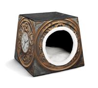 Rusty Steampunk Clock Cat Bed for Indoor Cats - Foldable Cat & Dog House with Removable Cozy Cushion, Waterproof Oxford Washable Pet House for Small Pets 13.8" X 13.8" X 11.8"