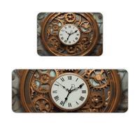 Rusty Steampunk Clock Kitchen Mat Set of 2, Flannel Non-Slip Absorbent Runner Comfort Standing Mats, Washable Kitchen Rugs for Floor Sink Laundry Entryway, 16x24 + 17x47 Inch