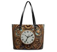 Rusty Steampunk Clock Leather Tote Bag for Women Work Shoulder Purses with Zipper Waterproof Large Computer Shoulder Bag Fashion Ladies Shoulder Handbag Reusable Shopping Bags