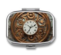 Rusty Steampunk Clock Pill Box 2 Compartment - Small Metal Medicine Organizer Portable Pill Case for Purse Pocket Travel Vitamin Organizer for Men Women, BPA-Free