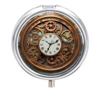Rusty Steampunk Clock Round Pill Box 3 Compartment Medicine Pill Organizer with Mirror Travel Small Pill Case Cute Vitamin Organizer Portable Daily Pill Container for Pocket Purse