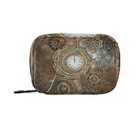 Rusty Steampunk with Retro Brown Clock and Different Kinds of Gears Pill Case with Removable Internal Plastic Boxes Organizer, Small Medicine Bag Holder Zippered Carrier for Travel Storage