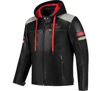 Rusty Stitches Jari Hooded V2 Motorcycle Leather Jacket, black-grey-red, size S for Men