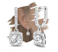 Ruthes Dangle Hoop Earrings For Women Girls Sterling Silver Huggie Earrings with Princess Cut Square Halo CZ Charm Dangling Drop Cartilage Cuff Earrings Hypoallergenic Jewelry Birthday Wedding Gifts