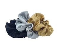 Ruti Label Pure Silk Satin Hair Scrunchies - Pack of 3 (Black, Silver, Gold) - Multicolor Hair Ties for All Hair Types
