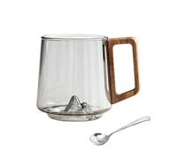 RUTYAUB Smokey Gray Glass Slanted Coffee Cups with Wooden Handle, Creative Wonder Mountain Bottom Wood Handle Cup for Water Glass Mug for Coffee & Tea Lovers (clear-1pcs)