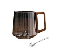 RUTYAUB Smokey Gray Glass Slanted Coffee Cups with Wooden Handle, Creative Wonder Mountain Bottom Wood Handle Cup for Water Glass Mug for Coffee & Tea Lovers (grey-1pcs)