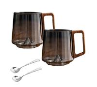 RUTYAUB Smokey Gray Glass Slanted Coffee Cups with Wooden Handle, Creative Wonder Mountain Bottom Wood Handle Cup for Water Glass Mug for Coffee & Tea Lovers (c-2pcs)