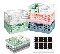 Ruucy 6 Pcs Collapsible Storage Crates, 4 Pcs Plastic Crates 20x15x9cm + 2 Pcs Mini Foldable Crate 15x10x5.8cm + White Marker + Sticker, Pastel Crate Desktop Storage Box for Office Kitchen Bathroom