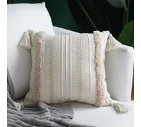 Ruucy Boho Cushion Covers, Tufted Throw Pillow Cover, Decorative Tassel Woven Boho Pillow Cases 45 x 45cm, Beige Cushions for Couch Sofa Bed Living Room with Invisible Zipper