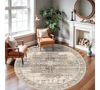 RUUGME Washable 6 ft Round Rug - Boho Rugs for Living Room Stain Resistant Carpet Vintage Tribal Rugs for Bedroom Kitchen Dining Room with Non Slip Backing Home Decor Floor Decoration Mat 6ft Beige