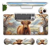 RUUHLJLET Keyboard Mouse Pad Set,Large Mouse Pad+Keyboard Wrist Rest+Wrist Support+Coaster,31.5x11.8in Extended Desk Mat for Computer Laptop Office Home-Highland Cow
