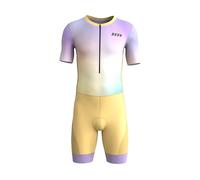 RUUN Men’s Cycling Trisuit Half Sleeve with Pockets Mesh Triathlon Padded Suit with Hi Viz Reflection Skinsuit Power Band and Leg Grippers (Medium, Yellow, One Size)