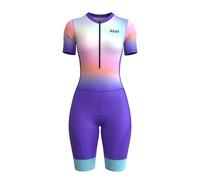 RUUN Women’s Cycling Trisuit Half Sleeve with Pockets Mesh Triathlon Padded Suit with Hi Viz Reflection Skinsuit Power Band and Leg Grippers (Small, Purple, One Size)