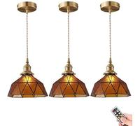 RuuXanthous Battery Operated Tiffany Pendant Light Fixtures with Remote,Wireless Pendanting Non Hardwired Hanging Lamp Blue Stained Glass Indoor Decor Chandelier for Kitchen Island Dining Roo
