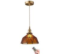 RuuXanthous Battery Operated Tiffany Pendant Light Fixtures with Remote,Wireless Pendanting Non Hardwired Hanging Lamp Blue Stained Glass Indoor Decor Chandelier for Kitchen Island Dining Roo