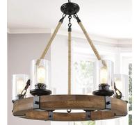 RuuXanthous Farmhouse Pendant Lamp 6 Light Wagon Wheel Chandelier Bubble Glass Shade Pendant Lighting Round Wood Ceiling Hanging Lamp Vintage Light Fixtures for Over Table Living Room Bedroom
