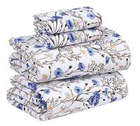 Ruvanti 100% Cotton Percale Sheets for King Size Bed - 16 Inches Deep Pocket Perfect Fitting - Crispy Cool & Comfortable - Blue Floral (1 Flat, 1 Fitted & 2 Pillowcases)