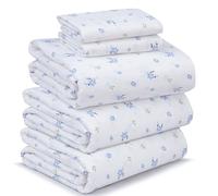 Ruvanti 100% Cotton Percale Sheets - Split King Size Bed Sheet Set, 5 Pcs, 1 Flat Sheet, 2 Fitted Sheets, 2 Pillow Cases, Blue Floral, Modern, Unisex, All Seasons