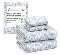 RUVANTI 100% Organic Cotton Sheets California King, Percale Weave, GOTS Certified, 4-Piece Set, Deep Pocket 13", Crisp & Breathable, Soft Durable Bedding, Sábanas Algodón Orgánico - Cold Chrysanthemum