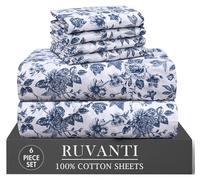 RUVANTI 6 Pcs Cotton Sheets - 100% Natural Cotton Soft, Lightweight & Breathable Crispy Percale Sheets, Full Size Bed Sheets 16" Deep Pockets, Wild Flower