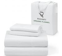 RUVANTI Flannel Sheets Queen Size - GOTS Certified 100% Organic Cotton, 4 Piece Warm, Soft & Breathable Set, Deep Pocket Snug Fit, Double Brushed Cozy All Season Bedding, Pure White