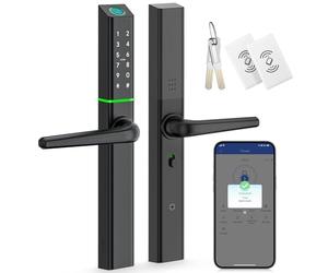 Ruveno Weatherproof Smart Door Lock with Handle: Fingerprint Keyless Entry - Digital Code Door Lock for Aluminum Wooden Door - Bluetooth Electronic Deadbolt - APP Control - Slimline Design