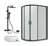Balterley Offset Quadrant Shower Enclosure, Offset Quadrant Tray, Waste & Thermostatic Shower Kit, 6mm Toughened Safety Glass Door, Bar Handle Sliding Glass Door, Square Showerhead & Handset (Black)
